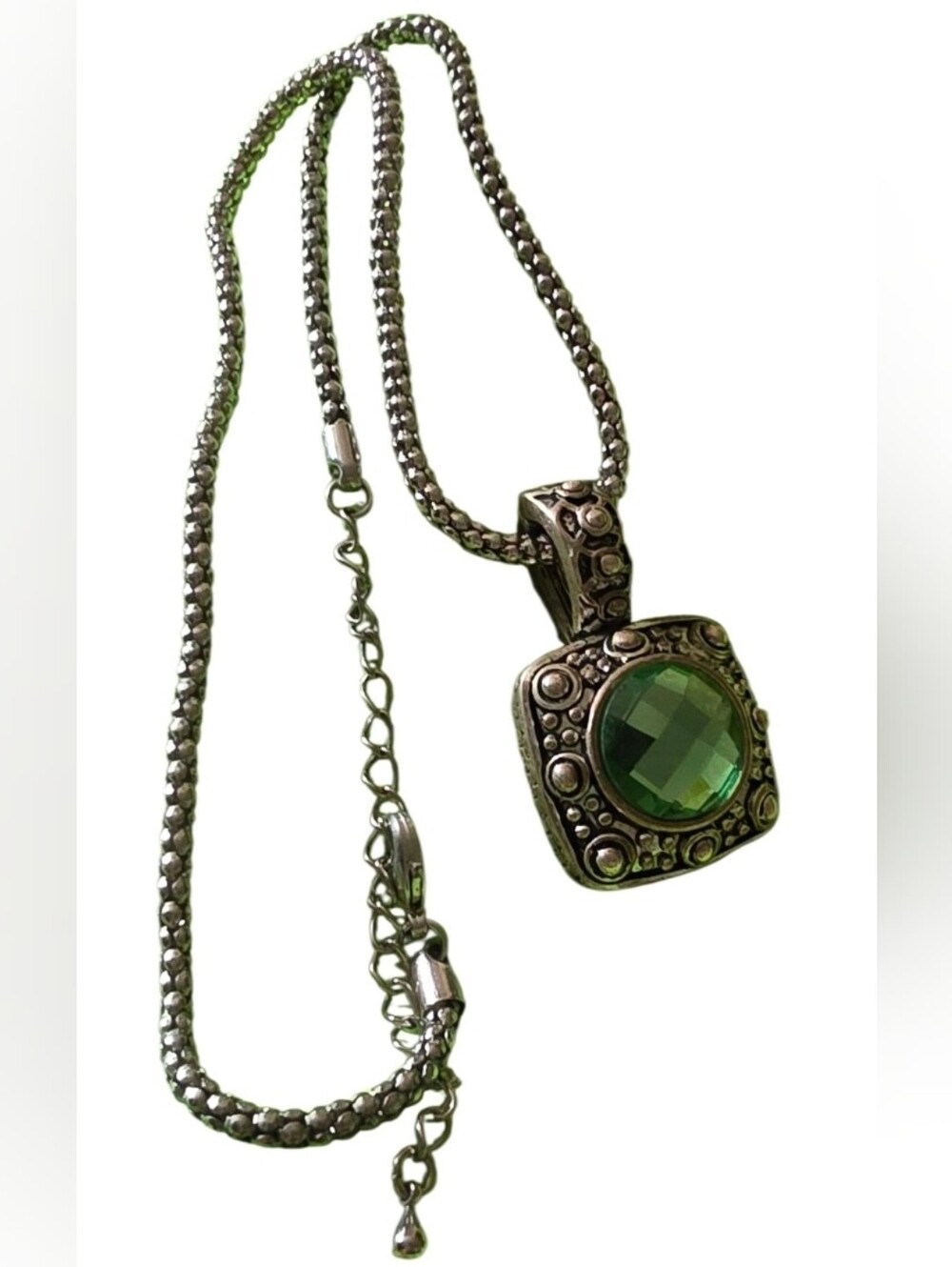 Silver-Tone Necklace with Green Faceted Gem Pendant